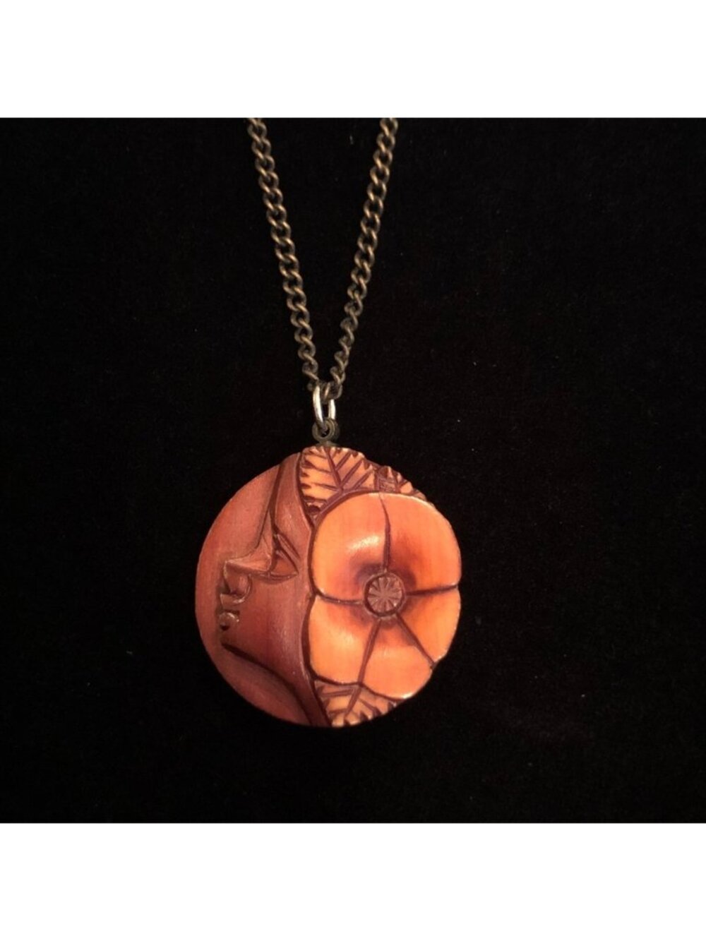 Girl Face and Flower Wooden Pendant Ethnic Necklace